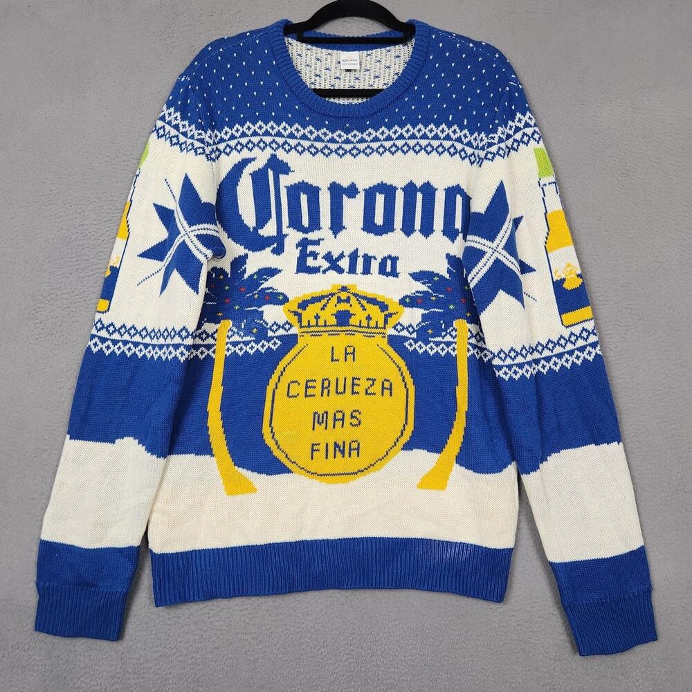 Corona Sweater Mens Large Blue Acrylic Corona Extra Ugly Holiday Christmas Beer